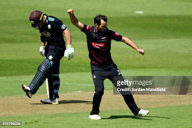 Lewis Gregory of Somerset celebrates dismissing Dean Elgar of Surrey during the Royal London One-Day Cup match between Surrey and Somerset at The Kia...