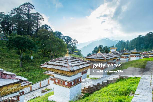 beautiful landscape of dochula 108 stupa at dochula pass bhutan - dochula pass bildbanksfoton och bilder