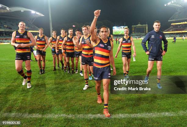 Eddie Betts of the Adelaide Crows leads his team down the race during the round nine AFL match between the Adelaide Crows and the Western Bulldogs at...