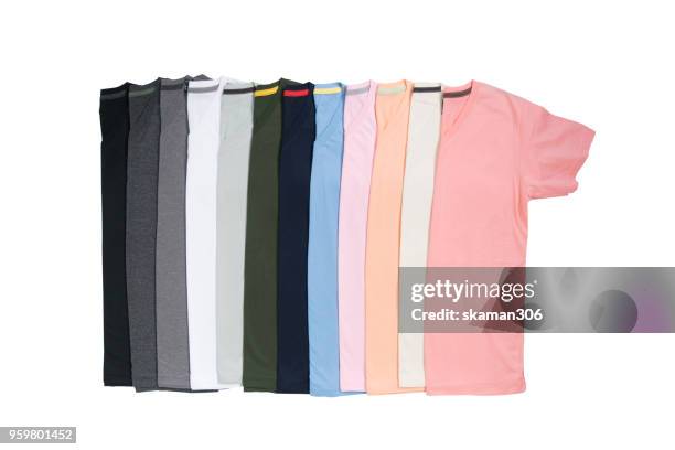 top view colourful t-shirt collage and compose - tapetenmuster stock-fotos und bilder