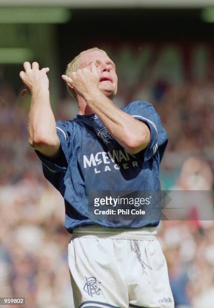 Paul Gascoigne of Rangers causes controversy with this celebration during the Friendly match against Steaua Bucharest played at Ibrox, in Glasgow,...