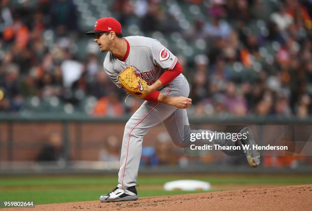 Tyler Mahle of the Cincinnati Reds pitches against the San Francisco Giants in the bottom of the first inning at AT&T Park on May 15, 2018 in San...