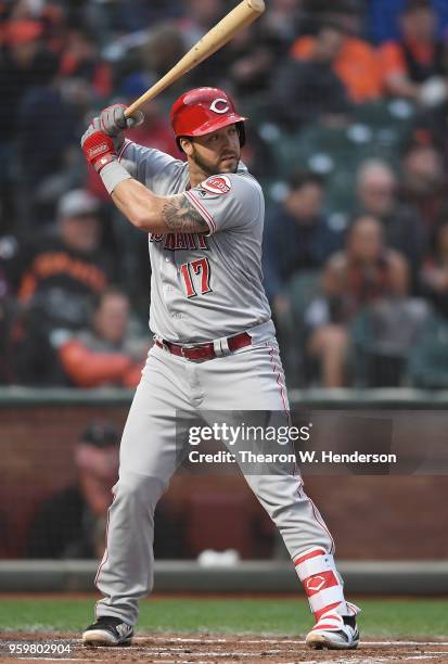 Tony Cruz of the Cincinnati Reds bats against the San Francisco Giants in the top of the second inning at AT&T Park on May 15, 2018 in San Francisco,...
