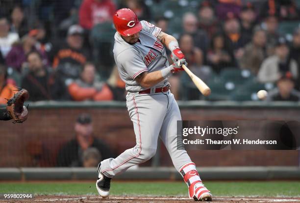 Tony Cruz of the Cincinnati Reds bats against the San Francisco Giants in the top of the second inning at AT&T Park on May 15, 2018 in San Francisco,...