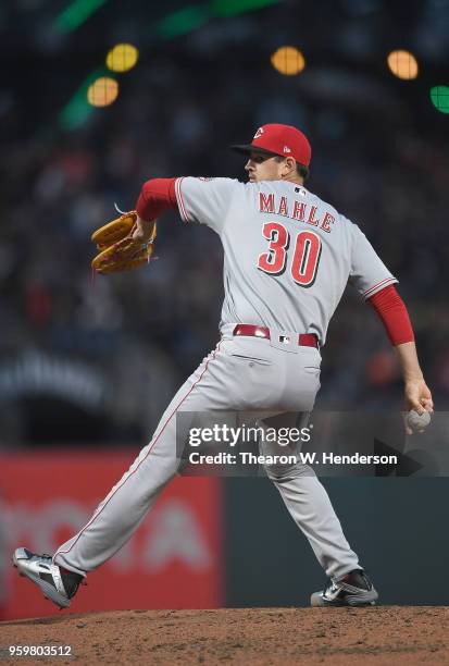 Tyler Mahle of the Cincinnati Reds pitches against the San Francisco Giants in the bottom of the third inning at AT&T Park on May 15, 2018 in San...