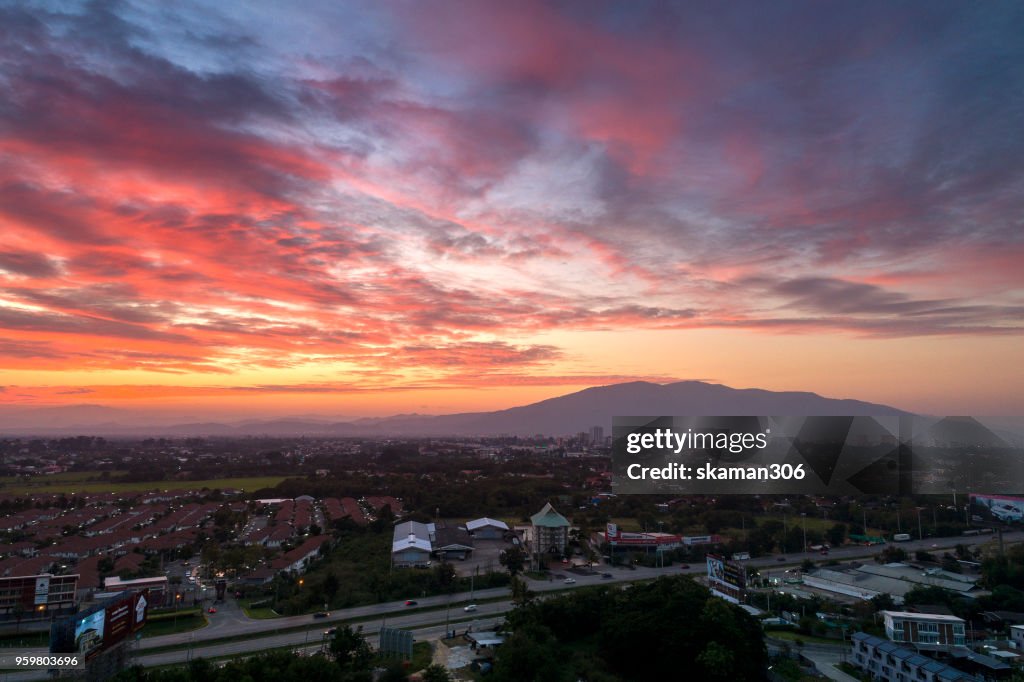 Aerial view of Beautiful sunset over Chiangmai city
