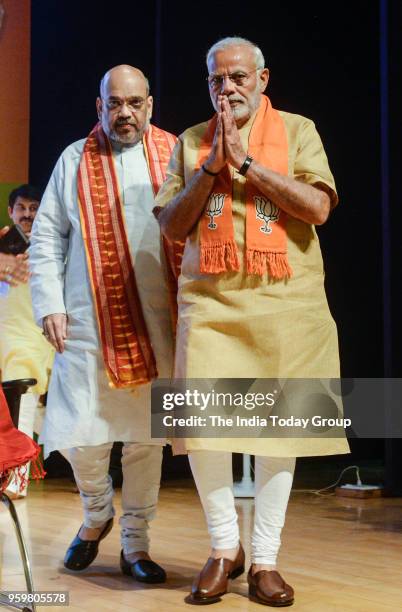 Prime Minister Narendra Modi and BJP National President Amit Shah at the concluding session of the National Executive Committee meeting at Civic...