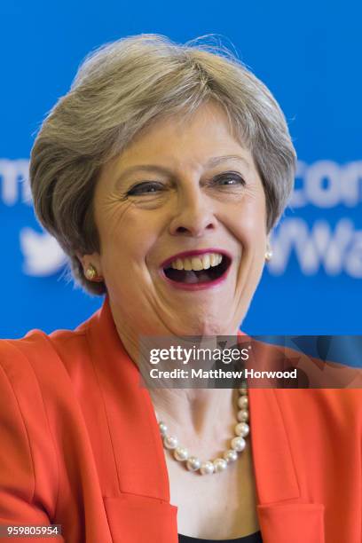 Prime Minister Theresa May speaks at the Welsh Conservative party conference at Ffos Las Racecourse on May 18 in Kidwelly, Llanelli, Wales. The UK is...