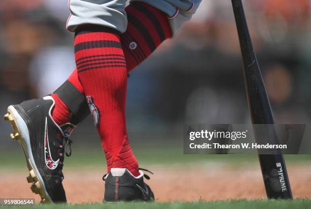 Detailed view of the Nike baseball cleats worn by Joey Votto of the Cincinnati Reds against the San Francisco Giants in the top of the fifth inning...