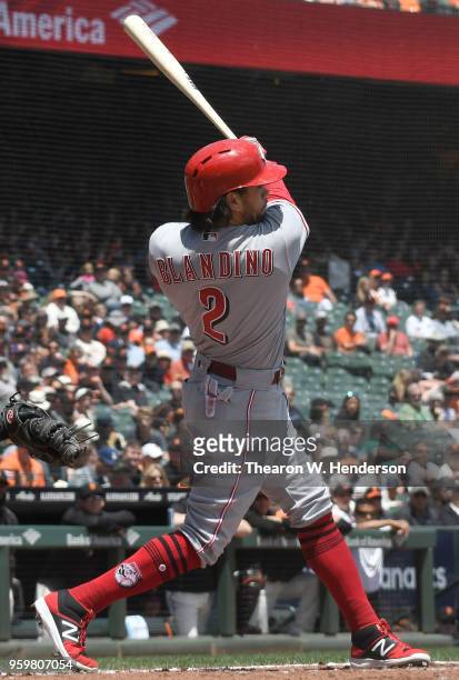 Alex Blandino of the Cincinnati Reds bats against the San Francisco Giants in the top of the first inning at AT&T Park on May 16, 2018 in San...