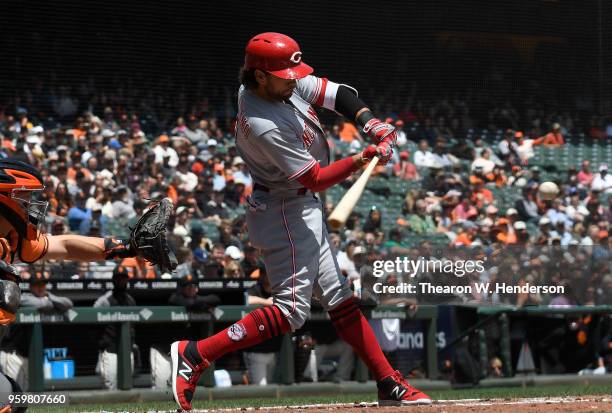 Alex Blandino of the Cincinnati Reds bats against the San Francisco Giants in the top of the first inning at AT&T Park on May 16, 2018 in San...