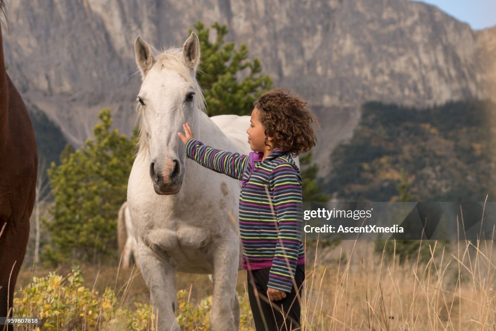 Niña de raza mixta se conecta con caballos por debajo de las montañas