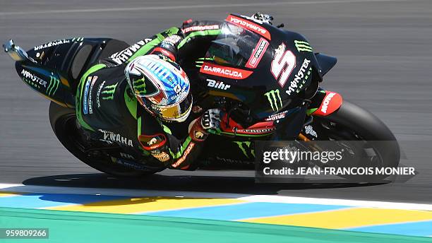 Monster Yamaha Tech 3's French rider Johann Zarco rides during a MotoGP free practice session, ahead of the French Motorcycle Grand Prix, on May 18...