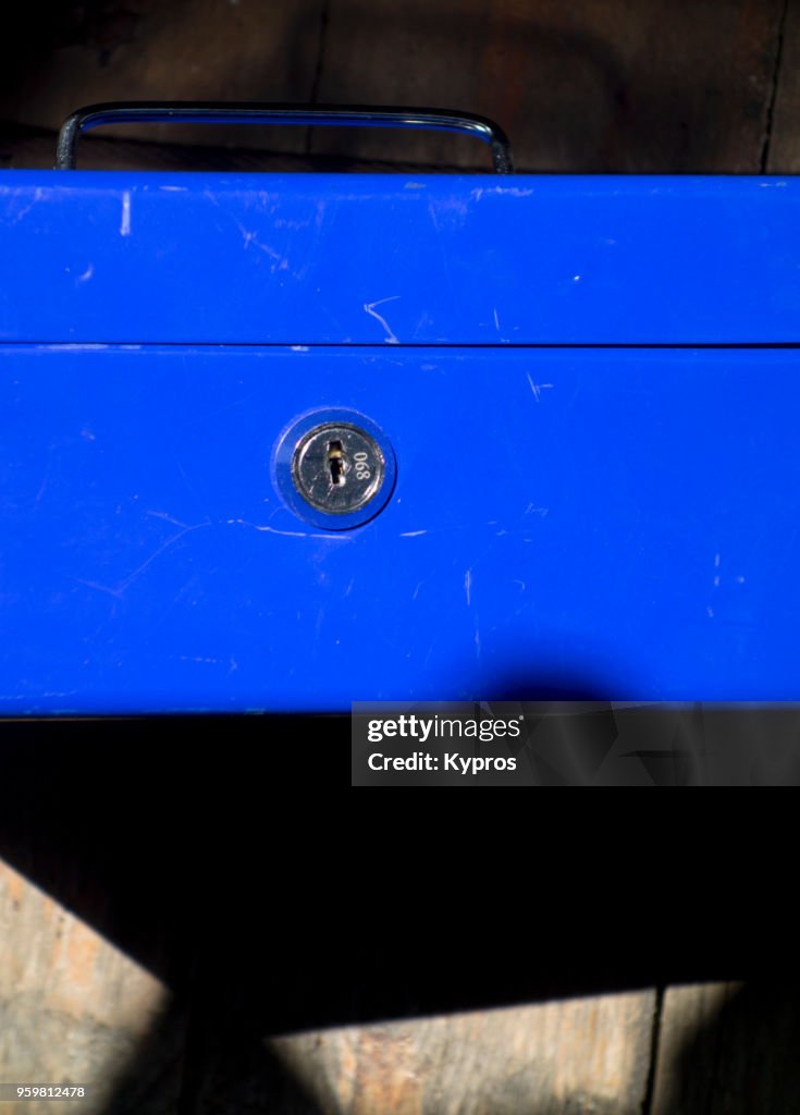 Europe, Greece, Rhodes Island, 2017: View Of Blue Steel Money Box With Keyhole