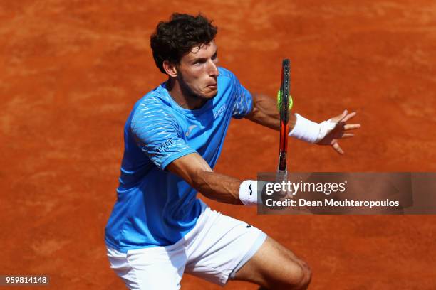 Pablo Carreno Busta of Spain returns a forehand in his quarter final match against Marin Cilic of Croatia during day 6 of the Internazionali BNL...