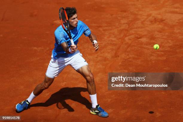 Pablo Carreno Busta of Spain returns a forehand in his quarter final match against Marin Cilic of Croatia during day 6 of the Internazionali BNL...