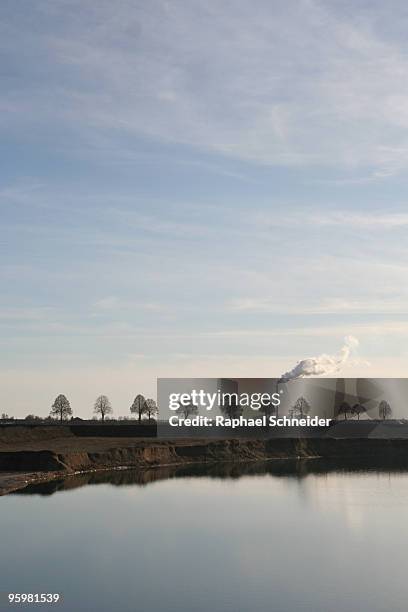 a row of trees with a smoke stack - refinería de azúcar fotografías e imágenes de stock