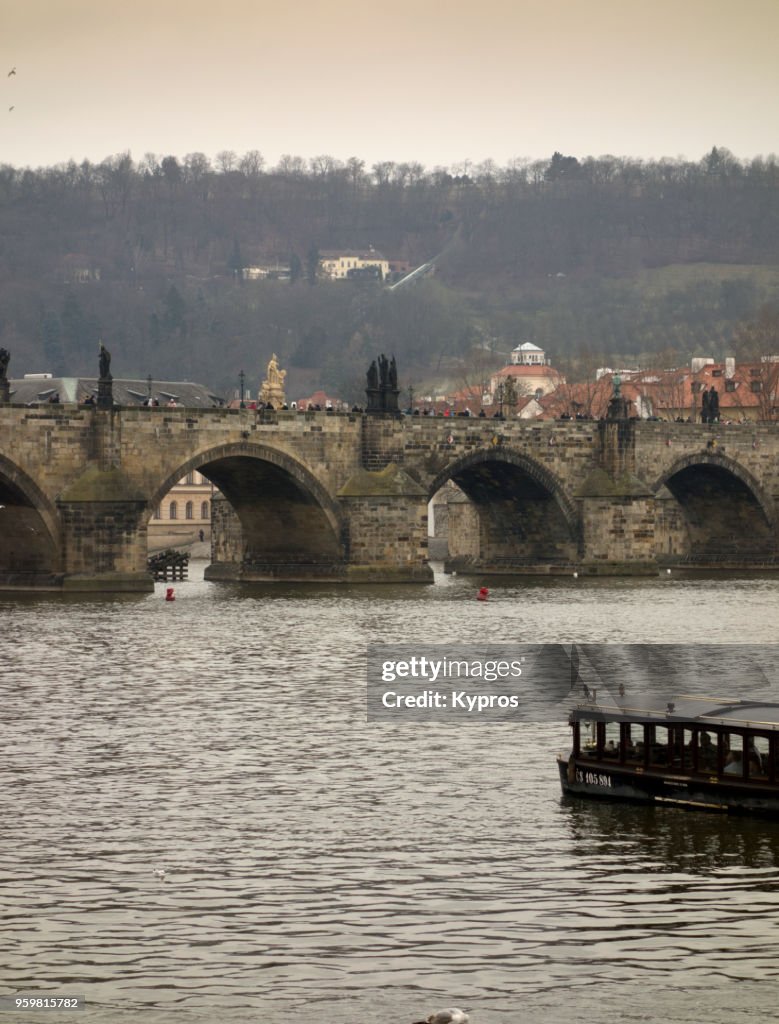 Europe, Czech Republic, Prague Area, 2018: View Of Charles Bridge Over Vitava River With Stone Statues