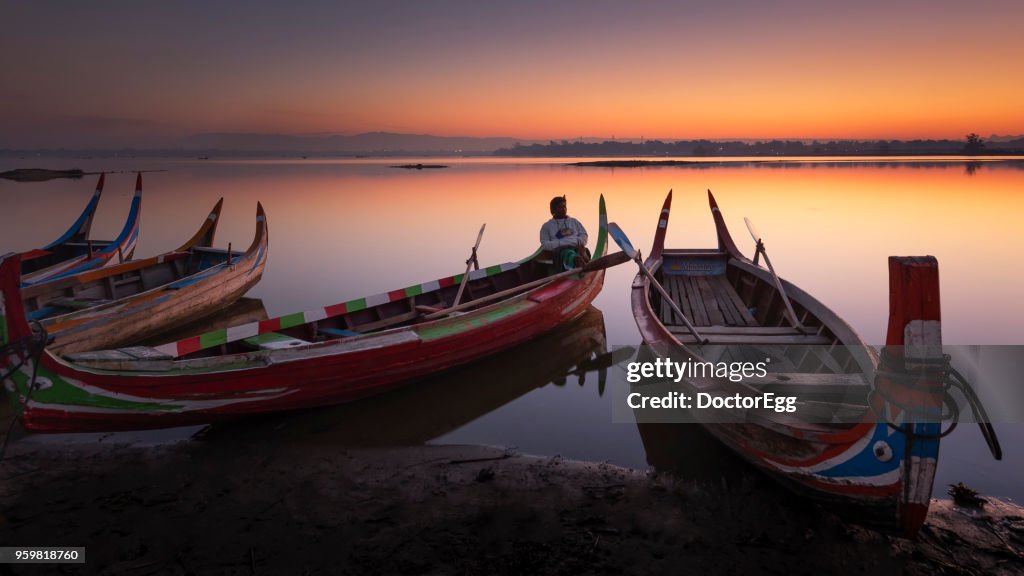 Myanmar Tourist Pleasure Boat at Sunrise, U Bein Bridge, Mandalay, Myanamar