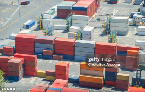 group of container box in napier port of hawke's bay region of new zealand. - views from the port of halifaxs fairview cove container terminal ahead of gross domestic product data stockfoto's en -beelden
