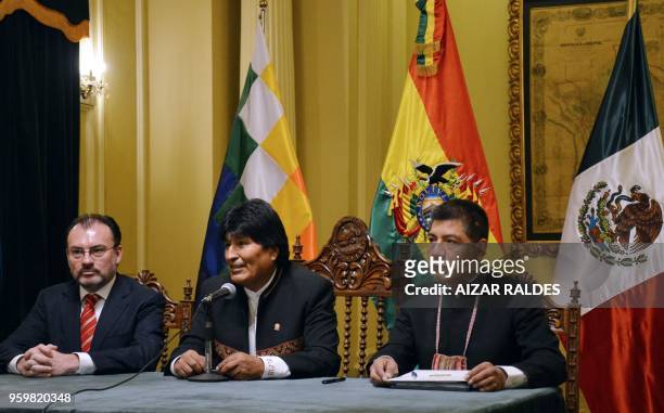 Mexico's Foreign Minister Luis Videgaray, Bolivian President Evo Morales and his Foreign Minister Fernando Huanacuni offer a press conference at the...