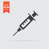 Syringe icon in flat style isolated on grey background.