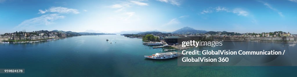 Elevated Panorama above a Swiss Steamboat Cruising on Lake Lucerne, Switzerland