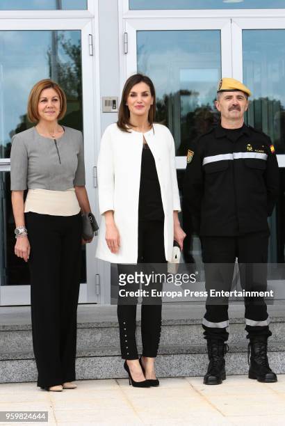 Queen Letizia of Spain and Dolores de Cospedal attend Military Emergency Unit headquarters on May 18, 2018 in Torrejon De Ardoz, Spain.