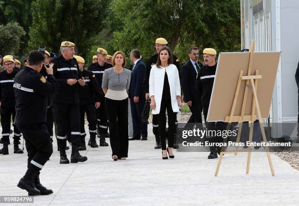 Queen Letizia of Spain and Dolores de Cospedal attend Military Emergency Unit headquarters on May 18, 2018 in Torrejon De Ardoz, Spain.