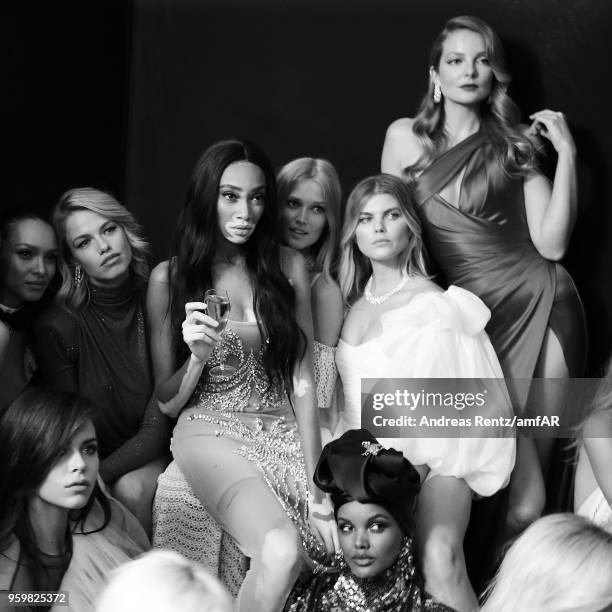 Lais Ribeiro, Sara Sampaio, Hailey Clauson, Winnie Harlow, Toni Garrn, Halima Aden, and Eniko Mihalik pose backstage at the amfAR Gala Cannes 2018 at...