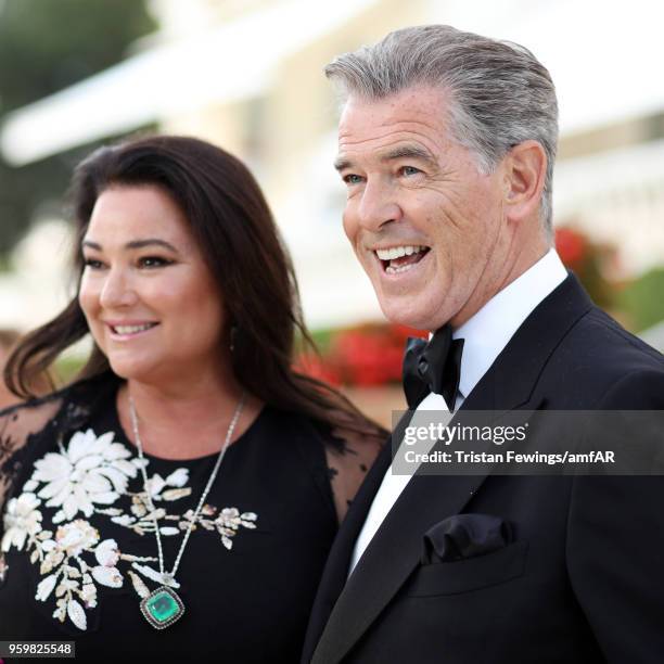 Pierce Brosnan and his wife Keely Shaye Smith attend the cocktail at the amfAR Gala Cannes 2018 at Hotel du Cap-Eden-Roc on May 17, 2018 in Cap...
