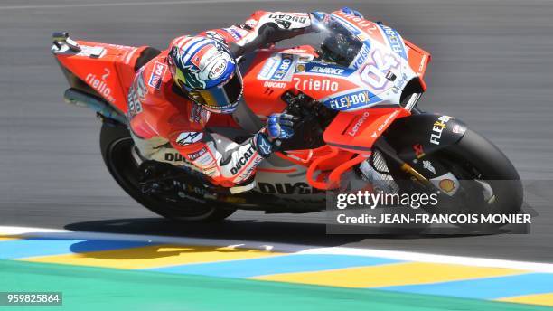 Ducati Team's Italian Andrea Dovizioso rides during a free practice session ahead of the MotoGP French Grand Prix on May 18, 2018 in Le Mans.