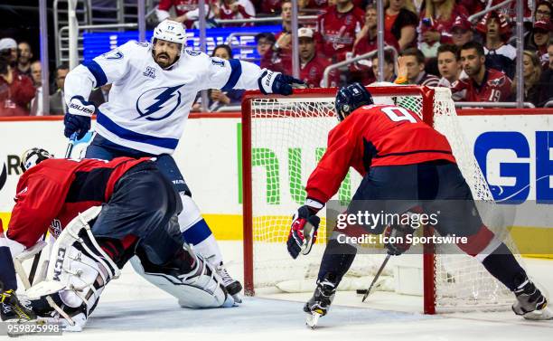 Tampa Bay Lightning left wing Alex Killorn reacts after scoring the winning goal during game four of the NHL Eastern Conference Finals between the...