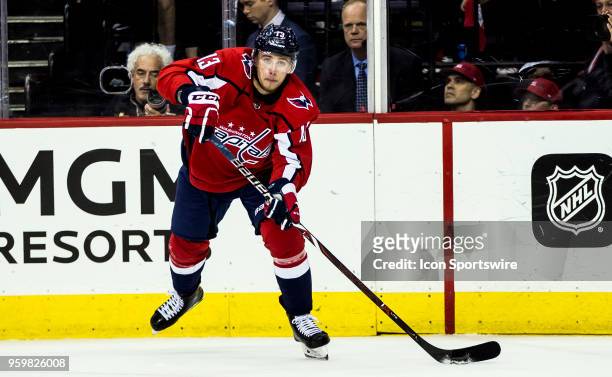 Washington Capitals left wing Jakub Vrana flings out a pass in the third period during game four of the NHL Eastern Conference Finals between the...