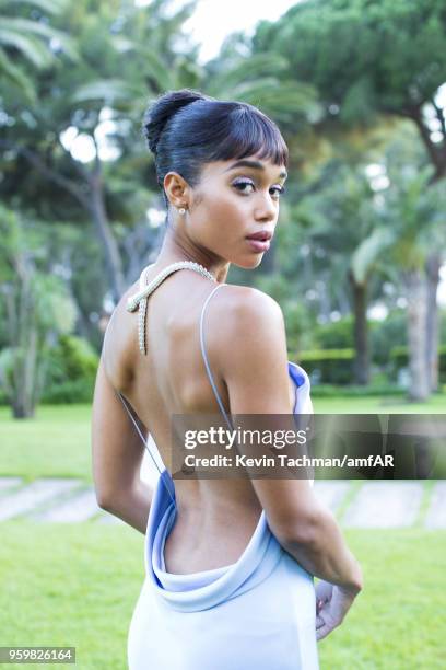 Laura Harrier attends the cocktail at the amfAR Gala Cannes 2018 at Hotel du Cap-Eden-Roc on May 17, 2018 in Cap d'Antibes, France.