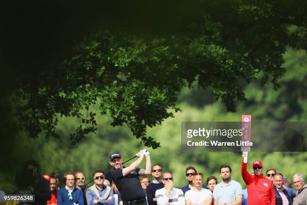 Stephen Gallacher of Scotland plays his shot off the 16th tee during the second round of the Belgian Knockout at at the Rinkven International Golf...