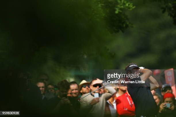 Joost Luiten of The Netherlands plays his shot of the 16th tee during the second round of the Belgian Knockout at at the Rinkven International Golf...