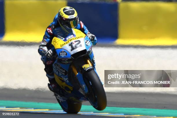 Honda EG0 0Marc VDS Swiss' rider Tom Luthi rides during a MotoGP free practice session, ahead of the French Motorcycle Grand Prix, on May 18, 2018 in...