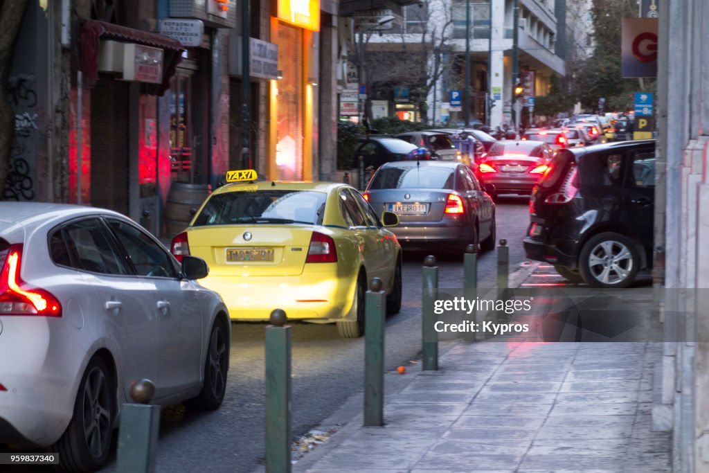 Europe, Greece, 2018: View Of Traffic Jam On Narrow Road