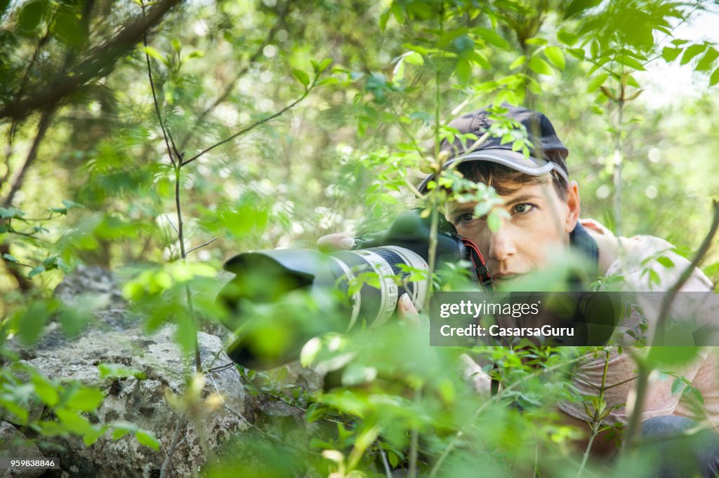 Mulher espera de fotógrafo da vida selvagem nos arbustos