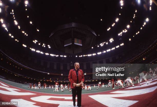 College Football: Sugar Bowl: Overall view of Alabama coach Paul Bear Bryant on field during warmups before National Championship game vs Arkansas at...