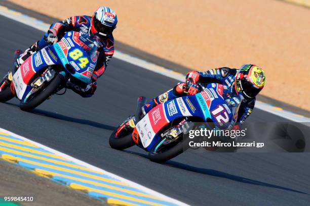 Marco Bezzecchi of Italy and Pruestel GP leads Jakub Kornfeil of Czech Republic and Pruestel GP during the MotoGp of France - Free Practice on May...