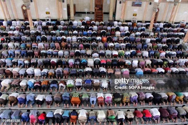 Muslims perform their first Friday prayers in the month of Ramadan 1439 Hijriyah which coincides with the second fast, at the Syuhada mosque of...