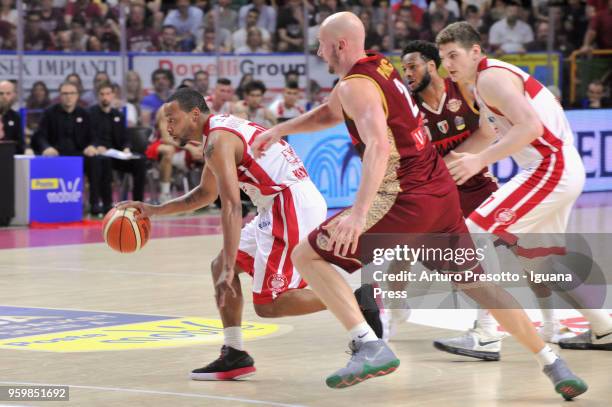 Andrew Goudelock and Arturas Gudaitis of EA7 competes with Hrvoje Peric of Umana during the LBA LegaBasket match between Reyer Umana Venezia and...