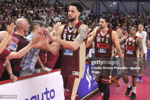 Austin Daye - Mitchell Watt; Edgar Sosa; Tomas Ress of Umana celebrates with their supporters during the LBA LegaBasket match between Reyer Umana...