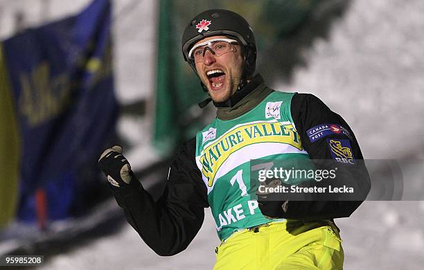 LLAKE PLACID, NY Warren Shouldice celebrates on his way to finishing in second place during the 2010 Freestyle World Cup aerials competition at...