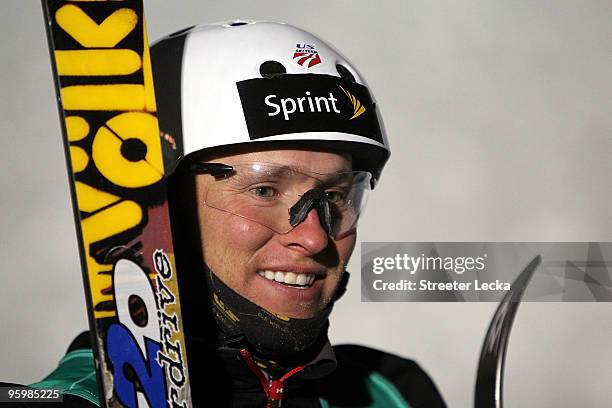 Jeret Peterson of the USA smiles after his jump during the 2010 Freestyle World Cup aerials competition at Olympic Jumping Complex on January 22,...