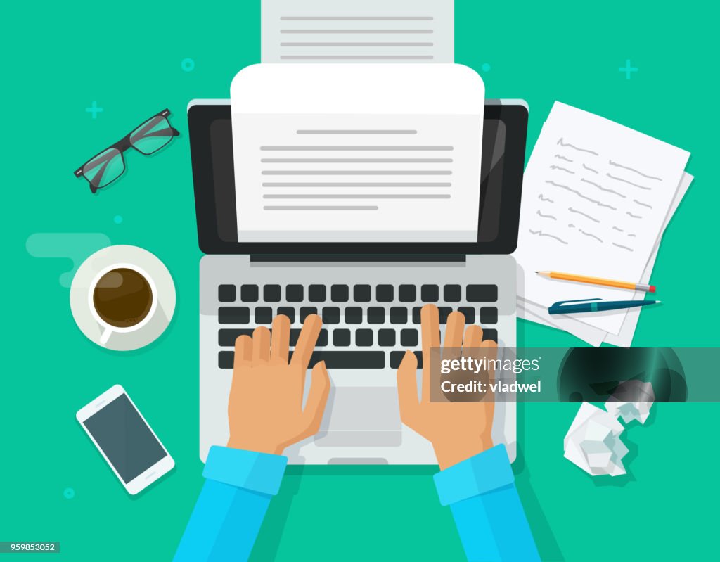 Writer Writing On Computer Paper Sheet Vector Illustration Flat Cartoon  Person Editor Write Electronic Book Text Top View Laptop With Writing  Letter Or Journal Journalist Author Working Clipart High-Res Vector Graphic  -