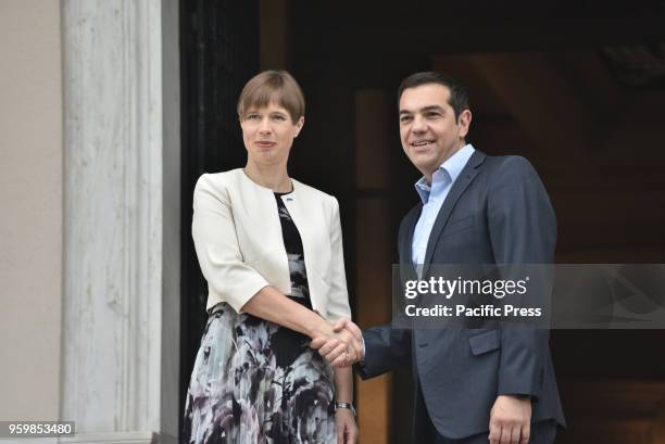 Handshake of the President of Estonia Kersti Kaljulaid and of Greek Prime Minister Alexis Tsipras , during their meeting.