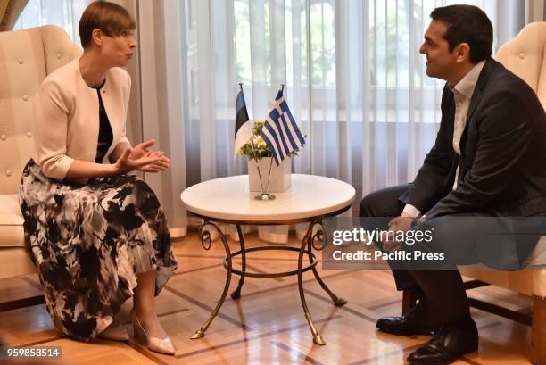 President of Estonia Kersti Kaljulaid and Greek Prime Minister Alexis Tsipras , during their meeting.